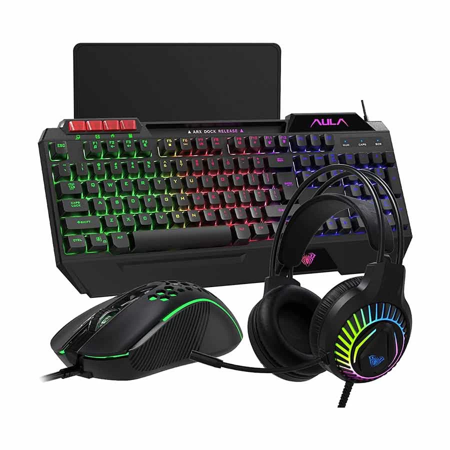 AULA T650 RGB Black USB Wired Gaming Keyboard, Mouse, Mouse Pad & Headphone Combo